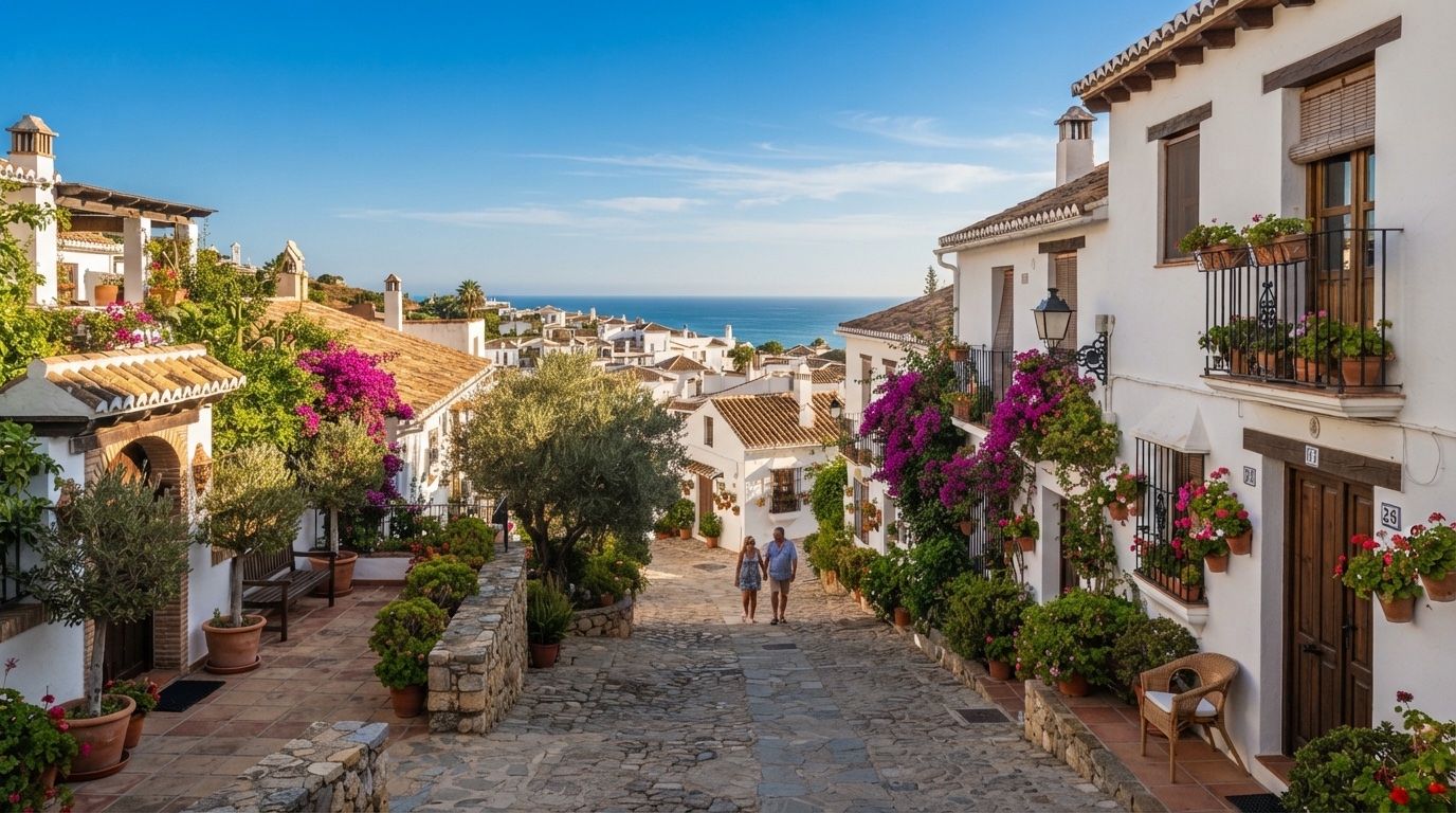 Whitewashed Andalusian street with bougainvillea, flower pots and the sea at the end