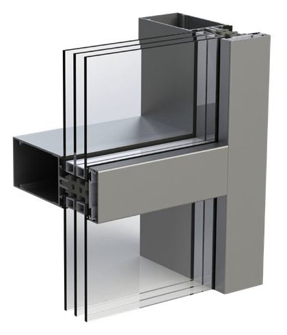 Cutaway of an AluLight F50 aluminium facade mullion and transom with glazing