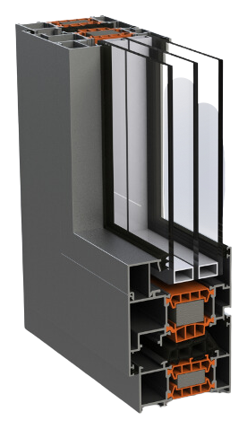 Cutaway of a grey AluLight W76 aluminium window corner showing the thermal break