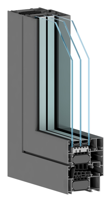 Cutaway of a grey Procural PE78N aluminium window corner with triple glazing