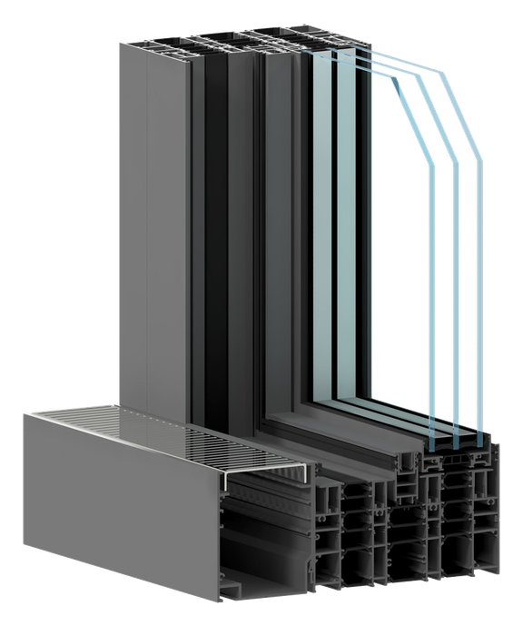 Cutaway of a dark Procural SL 2000 lift-and-slide aluminium frame with triple glazing