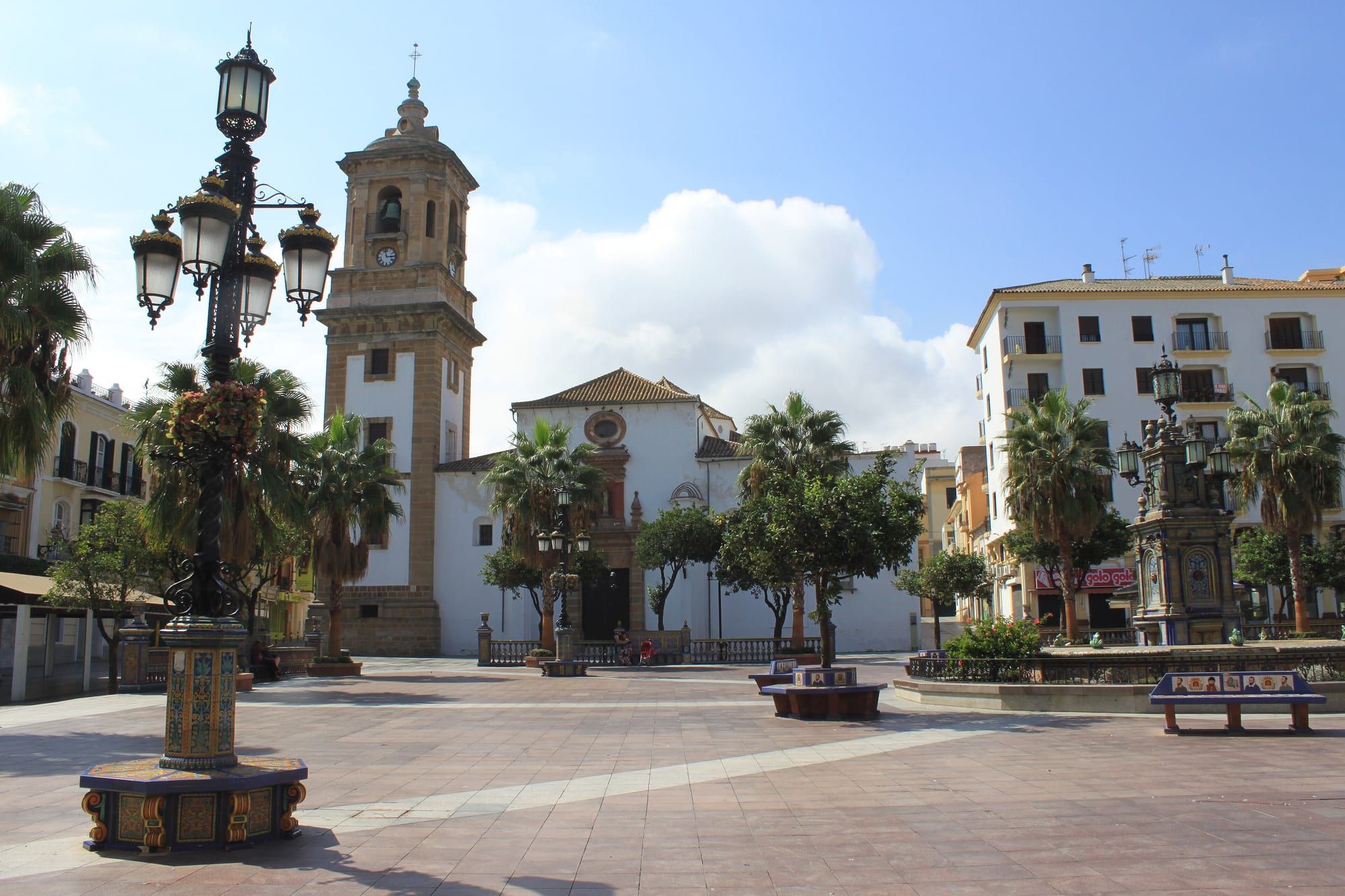 Plaza Alta in Algeciras with the bell tower of the church of Nuestra Señora de la Palma