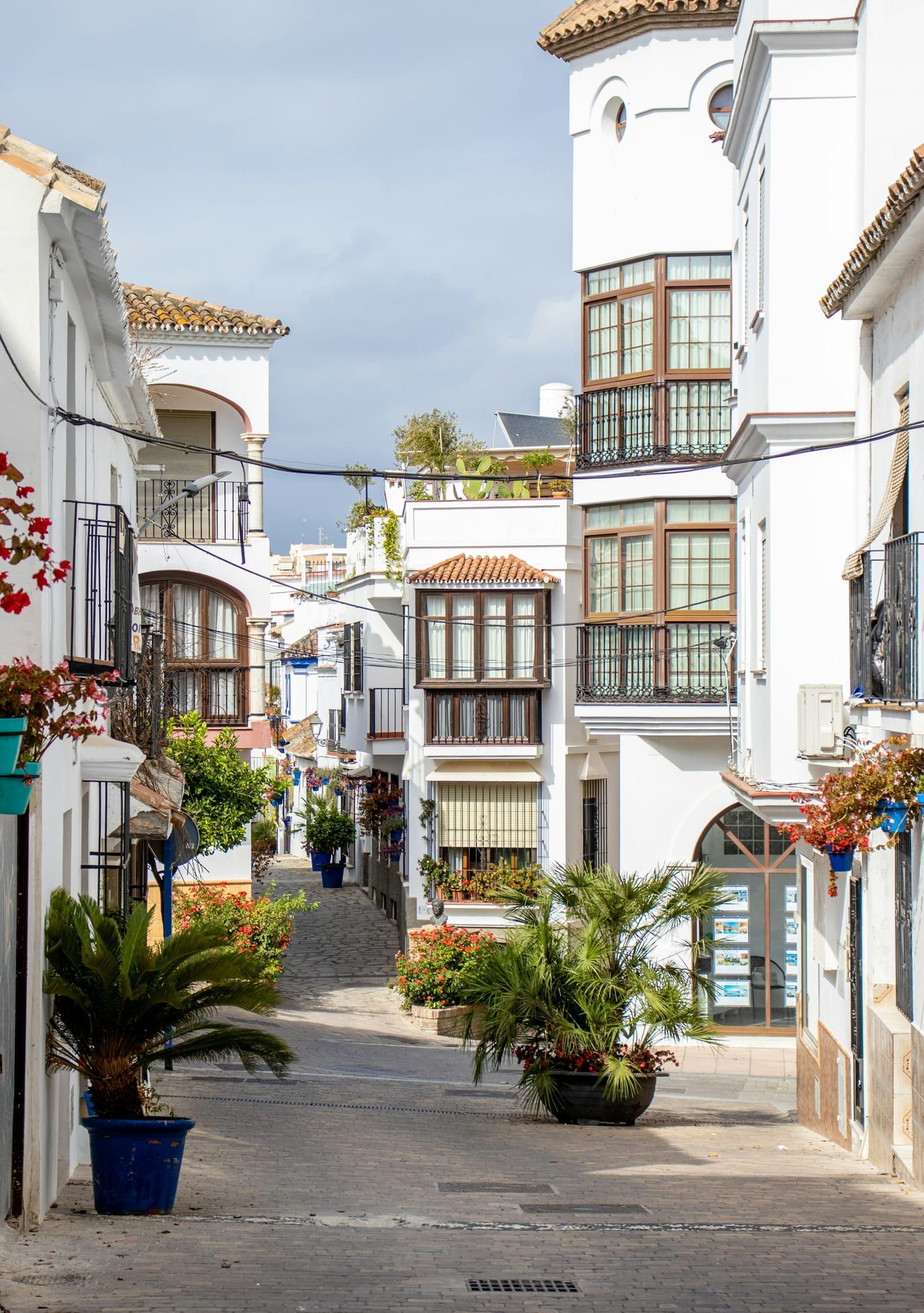 A narrow whitewashed street in Estepona's old town lined with flower pots