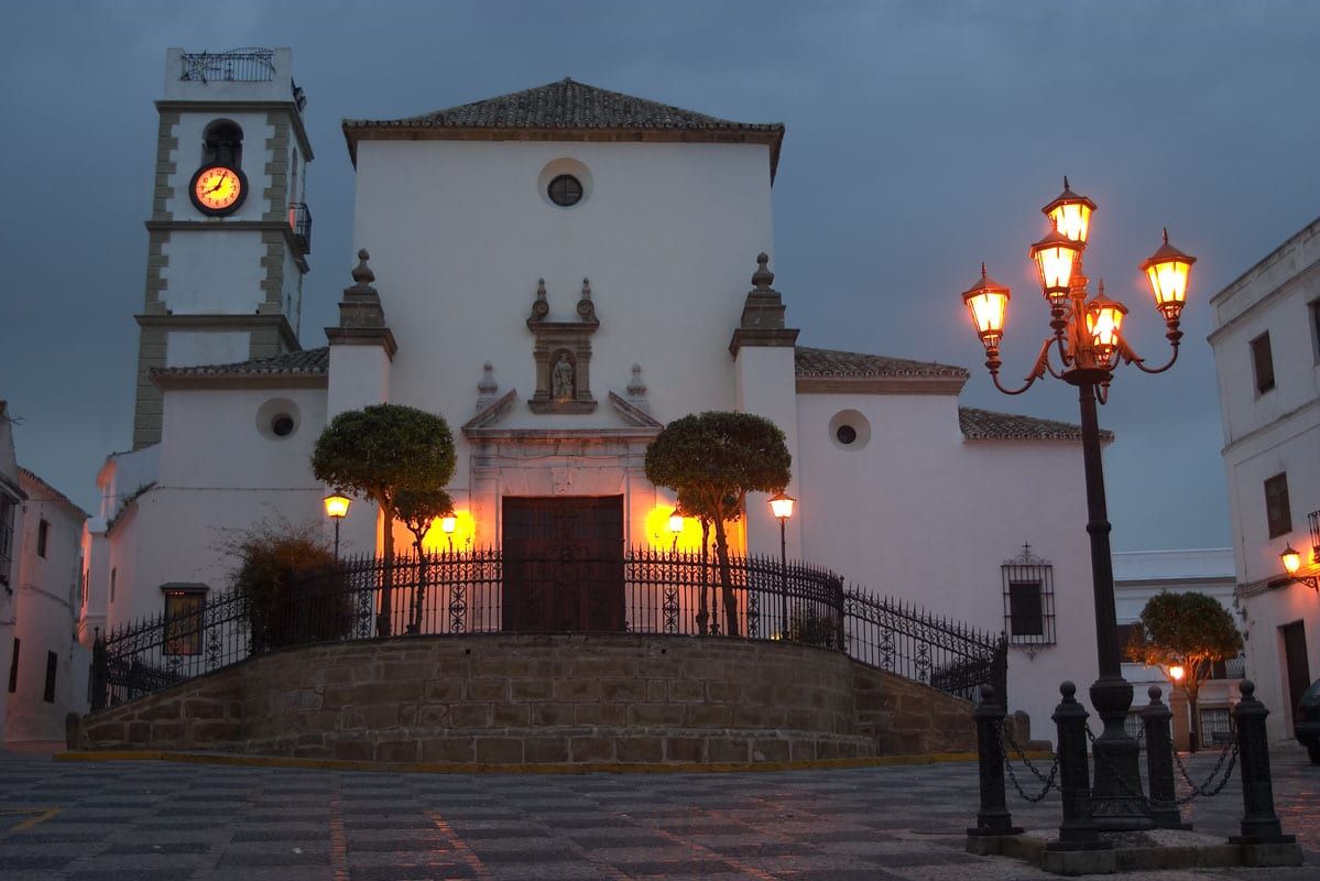 The church of Santa María la Coronada in San Roque, lit up at night