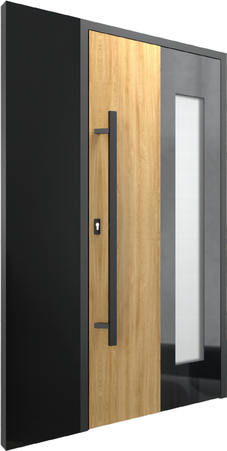 Puerta de entrada de aluminio negra con una franja efecto madera y un fijo lateral de vidrio alto