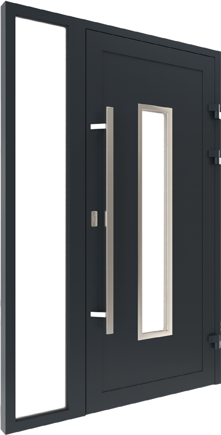 Puerta de entrada de aluminio antracita con una estrecha franja de vidrio vertical y un tirador largo