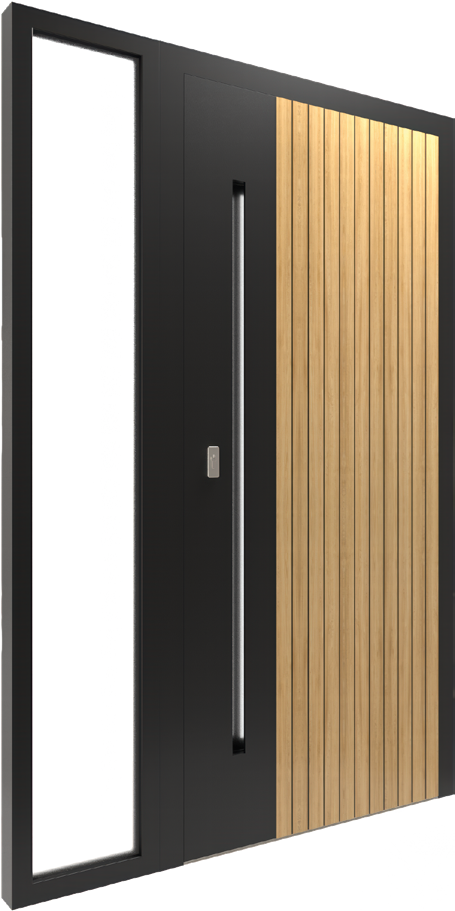 Puerta de entrada de aluminio negra con un amplio panel efecto madera y un tirador largo