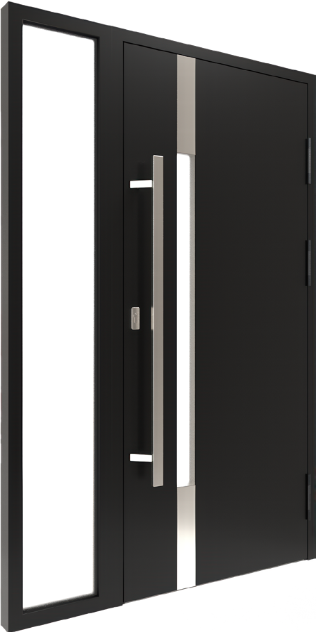 Puerta de entrada de aluminio negra con tirador vertical y molduras decorativas