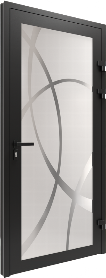 Puerta de aluminio y vidrio negra con un dibujo curvo al chorro de arena