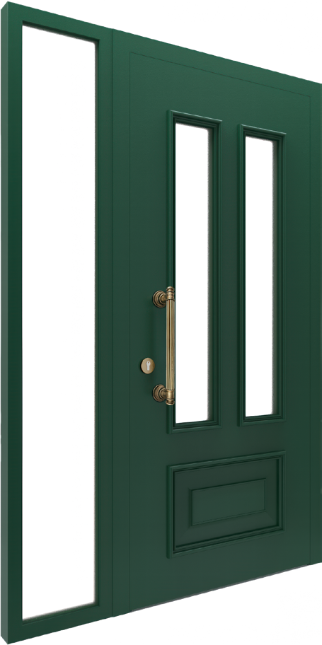 Puerta de entrada de aluminio verde oscuro con plafones clásicos, dos vidrios y tirador de latón