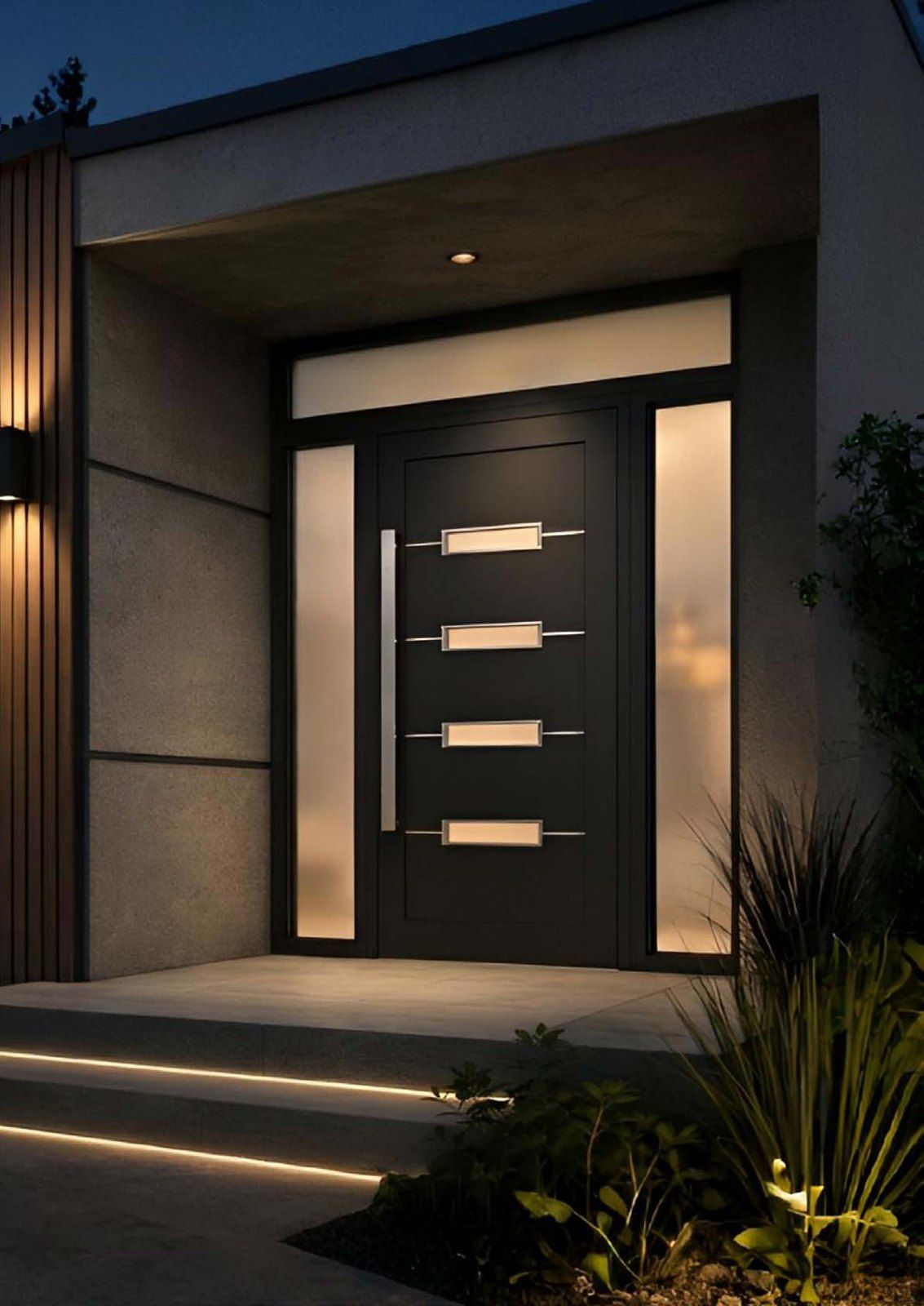 Puerta de entrada de PVC negra con vidrios horizontales y fijos laterales acristalados, iluminada al anochecer