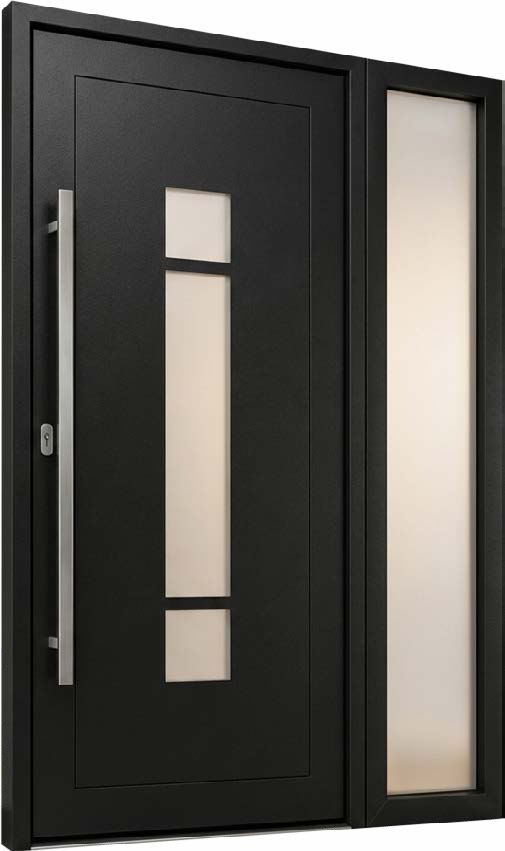 Black PVC entrance door with a tall glass insert and a glazed side panel