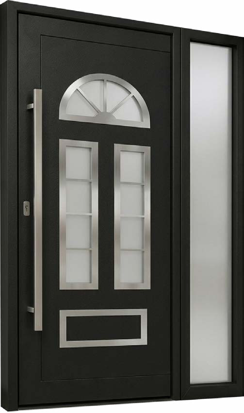 Black PVC entrance door with an arched glass top and raised panels, with a glazed side panel
