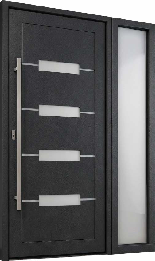 Black PVC entrance door with four horizontal glass inserts and a glazed side panel
