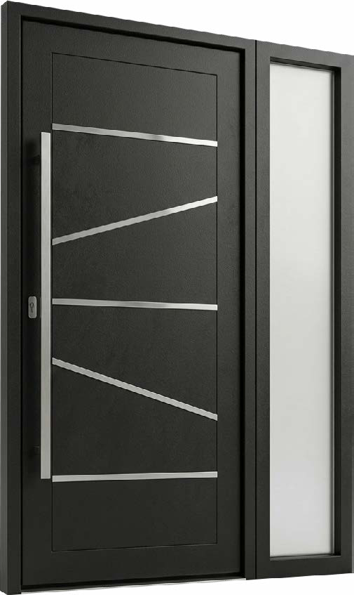 Black PVC entrance door with fine diagonal stainless-steel lines and a glazed side panel