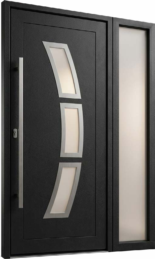Black PVC entrance door with a curved glass insert and a glazed side panel