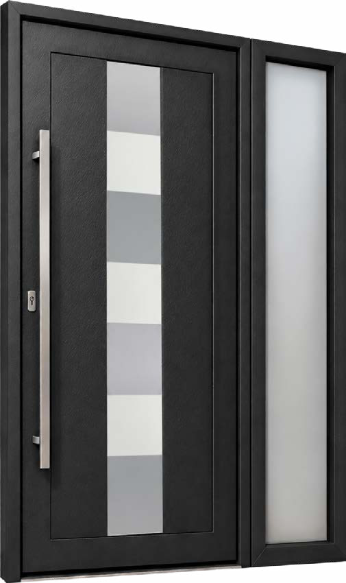 Black PVC entrance door with square glass inserts and a glazed side panel