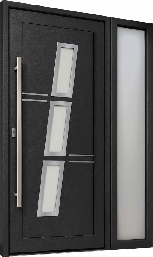 Black PVC entrance door with a vertical glass strip and a glazed side panel