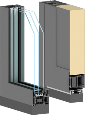 Corte del perfil de puerta de aluminio AluLight W76 con vidrio y panel aislante