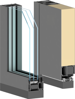 Corte del perfil de puerta de aluminio Procural PE78N con vidrio y panel aislante