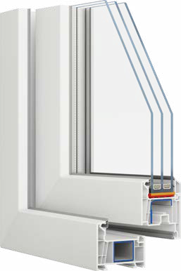 Cutaway of a white Ultra 72 PVC door profile with insulated glass