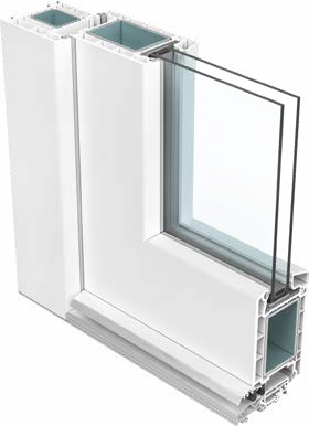 Cutaway of a white VEKA 70 PVC door profile with insulated glass
