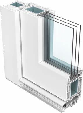Cutaway of a white VEKA 82 PVC door profile with insulated glass