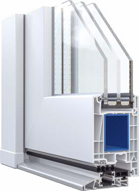 Cutaway of a white WDS 76 AD PVC door profile with steel reinforcement