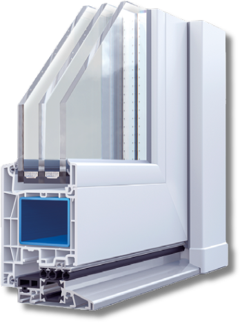 Cutaway of a white WDS 76 AD PVC door corner with a low threshold