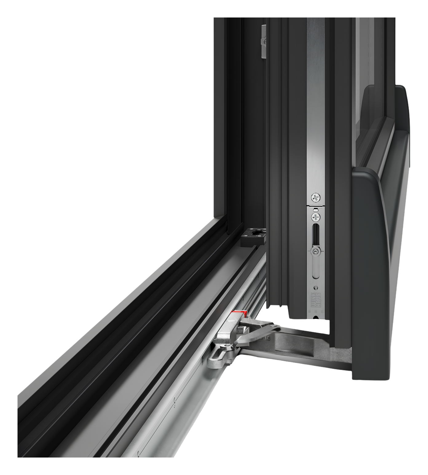 Close-up of a dark PVC tilt-and-slide sash on its running track