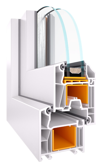 Cutaway of a white Ultra 60 PVC window corner showing the chambers and steel reinforcement