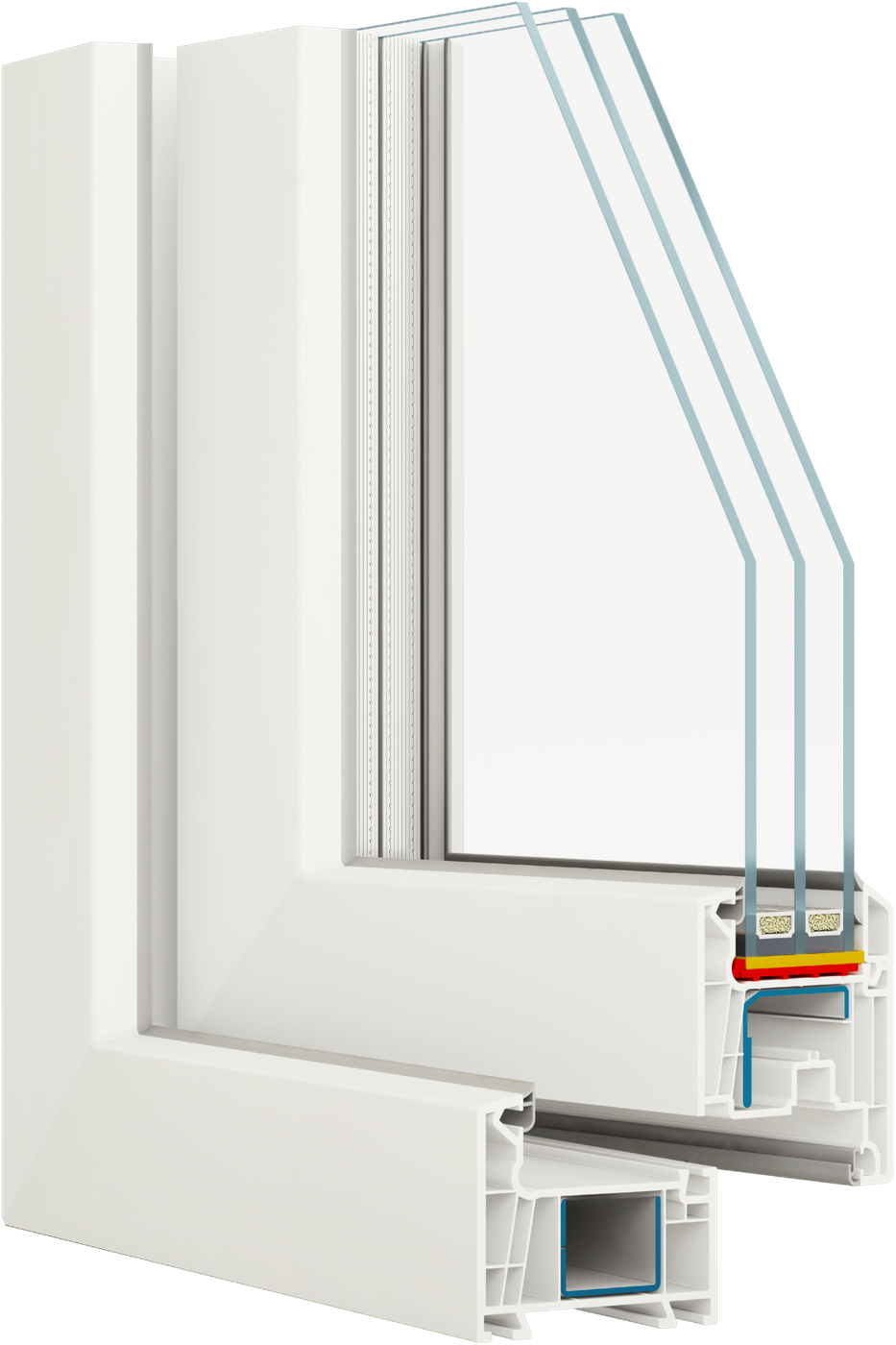 Cutaway of a white Ultra 72 PVC window corner with triple glazing and steel reinforcement