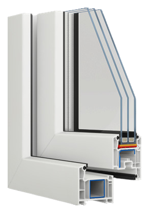 Cutaway of a white VEKA 70 PVC window corner with double glazing and steel reinforcement