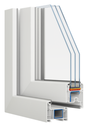 Cutaway of a white VEKA 82 PVC window corner with triple glazing and steel reinforcement