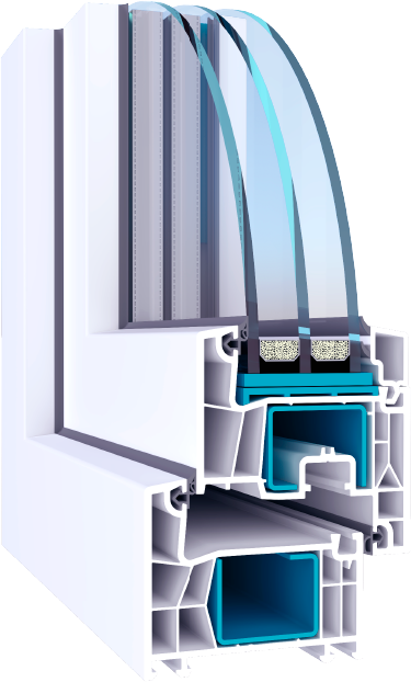 Cutaway of a white WDS 76 AD PVC window corner with double seals and steel reinforcement