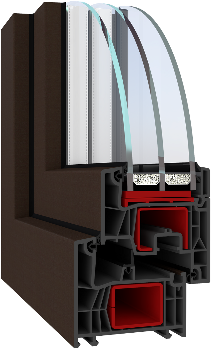 Cutaway of a WDS 76 MD PVC window corner in a dark wood-grain finish, showing six chambers, steel reinforcement and triple seals