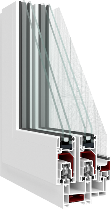 Cutaway of a white WDS SL60 PVC sliding window corner showing the sliding rails