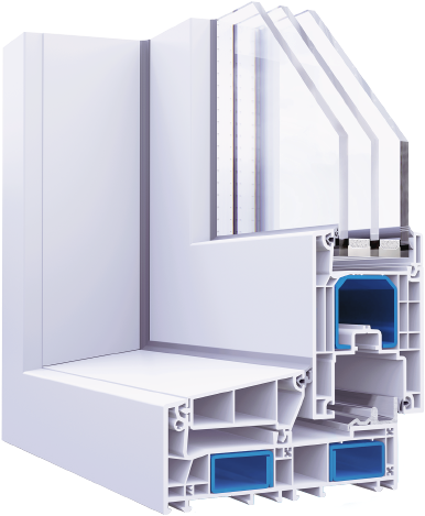 Cutaway of a white WDS SL76 PVC sliding window corner with steel reinforcement